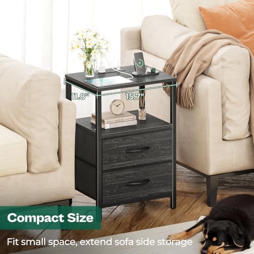 Huuger Nightstand with Charging Station, Side Table with Fabric Drawers - Image 5