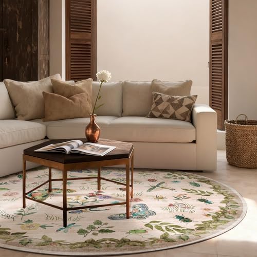Washable Round Rugs for Bedroom 4ft: Living Room Rug Stain Resistant Non Slip Low Pile Ultra Soft Faux Wool Small Circle Rugs for Kitchen Entryway Bathroom Nursery Dorm Home Office Entrance Indoor - Image 3
