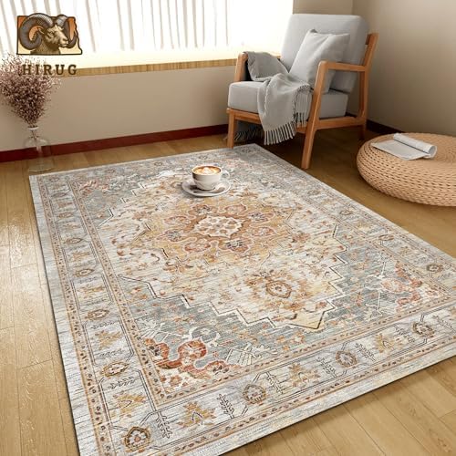 Washable Area Rug 5' x 7' Vintage Traditional Persian Mat - Foldable Distressed Non-Slip Machine Washable Carpet for Living Room Bedroom Kitchen Home Decor - Dove Gray and Coral - Image 4