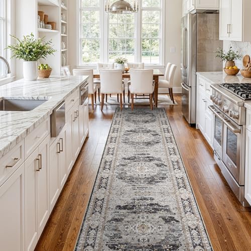 3x14 Washable Hallway Runner Rug - Non-Slip Vintage Kitchen Rugs Black Gray by Puino