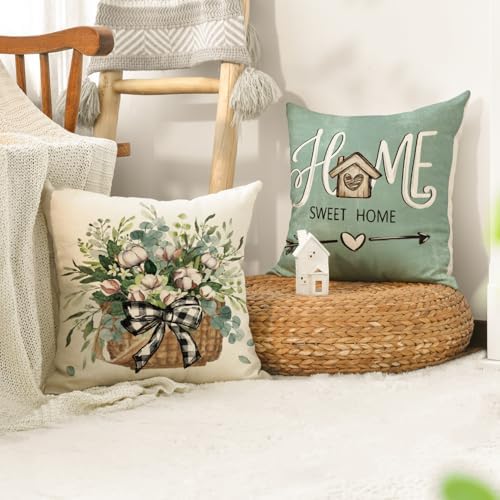 AVOIN colorlife Bless Our Home Farmhouse Eucalyptus Leaves Throw Pillow Covers, 20 x 20 Inch Blue Truck Home Sweet Cushion Case Decorations Set of 4 - Image 3