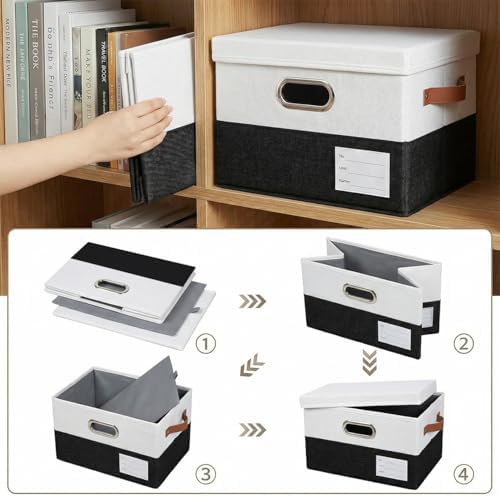 PRANDOM Storage Bins with Lids [3-Pack] Linen Fabric Foldable Storage Boxes Organizer Containers Baskets Cube with Cover for Bedroom Closet Office Black & White（11.4X8.6X6.7 - Image 5