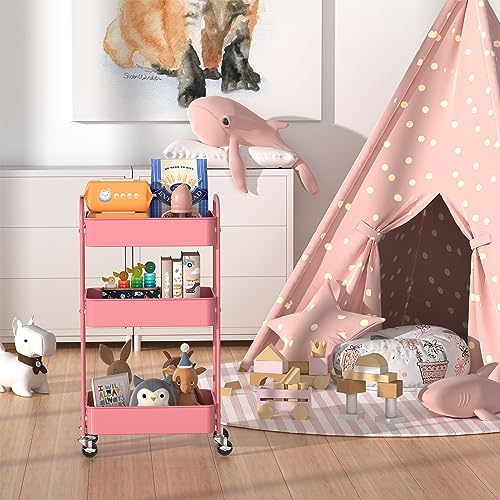 MAX Houser 3-Tier Rolling Utility Cart with Caster Wheels,Easy Assembly, for Kitchen, Bathroom (Pink) - Image 4