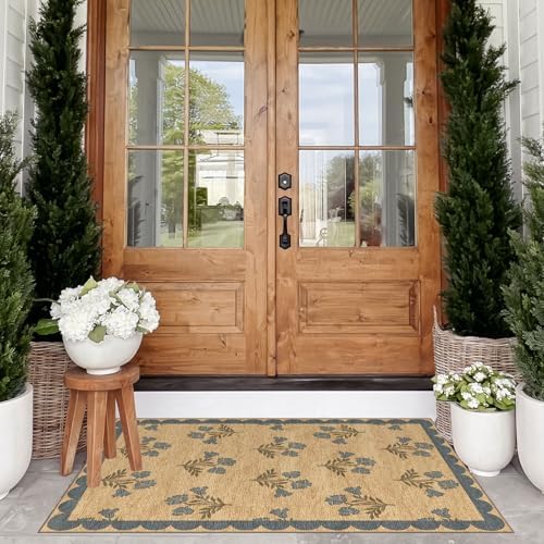 Floral Outdoor Rug - 28" x 43" Front Door Mat Indoor Outside Entrance Non-Slip Washable Outdoor Mat Jute-Look Blue Scalloped Rug for Entryway Kitchen Mudroom Layered Doormat for Front Porch - Image 4