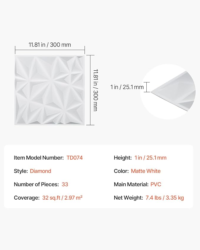 VEVOR 3D Wall Panels, 33-Pack 11.81 x 11.81 in PVC Modern Art Minimalist Diamond Tiles, 32 Sq.Ft Coverage Accent Wall Panel, Interior Home Decor for Ceiling, Bedroom, Living & Gaming Room, Matte White - Image 7