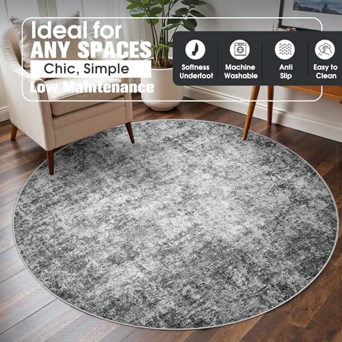 Aelenmu Round Rug 6ft Washable Rug for Dining Room Living Room Black Grey - Image 3