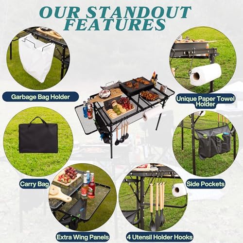 Folding Table w/ Carry Bag, Paper Towel Holder, Garbage Holder, Wing Panels, 3x2 FT Foldable Table for Portable Grill, Picnic, Outdoor, Beach, Small Folding Table Adjustable Height,Camping Table, BBQ - Image 3