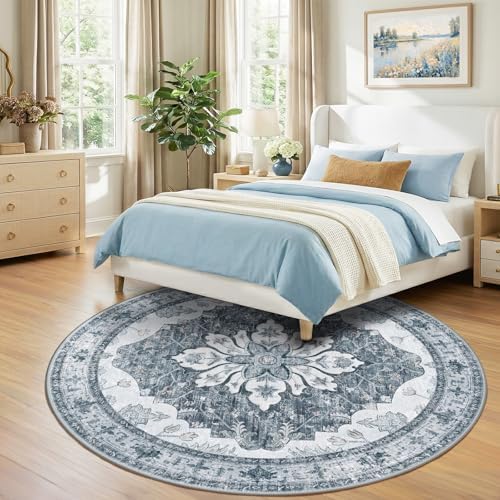 RELEANY Washable Area Rug, Round 8ft, Grey/White/Beige - Image 3