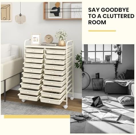 Giantex 20 Drawers Rolling Cart, Mobile Storage Drawer Cart, Classroom Organizer for Office School Supplies Tools Scrapbook Paper Craft Small Printer, Utility Stand on Wheels, Ivory White - Image 7