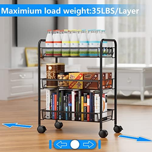 3-Tier Mesh Rolling Cart - 24.8" H Fits Under Desk Metal Cart with Wheel - Image 5
