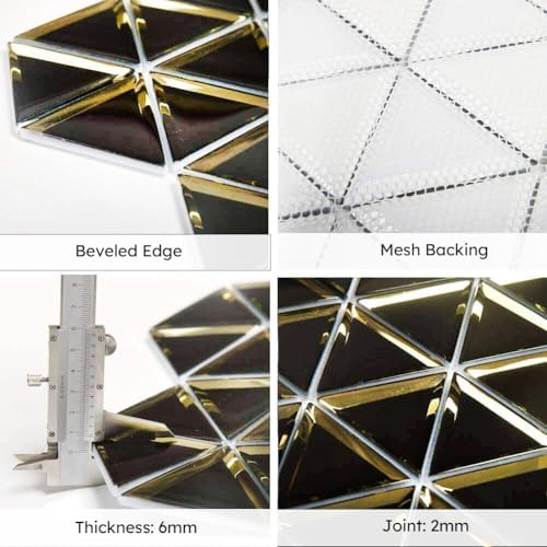 Diflart Beveled Mirror Glass Mosaic Tile, Glass Tile for Bathroom Kitchen Backsplash Shower Wall, Pack of 5 Sheets (Black and Gold, 3 Inch) - Image 4