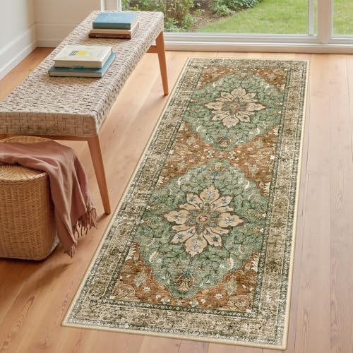 RELEANY Washable Area Rug, Runner 3'x8', Brick/Brown/Green - Image 3