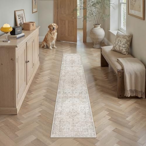 2x8 Washable Runner Rug Beige Grey Non Slip Vintage Carpet by WondRg