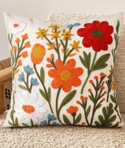Embroidered Throw Pillow Cover 20x20 Inch, Flower Cluster by Kokaaee