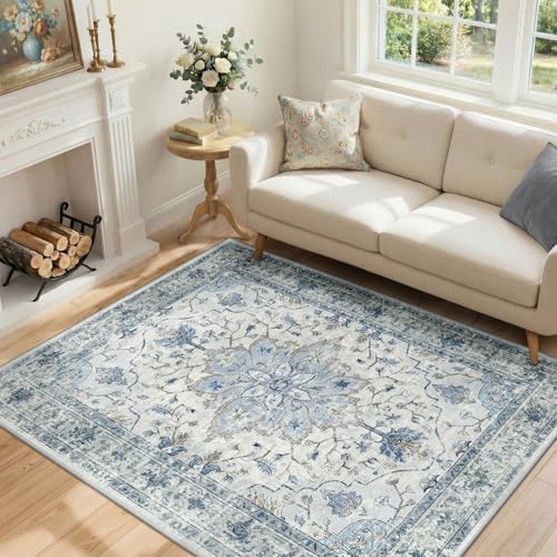 RELEANY Washable Area Rug, 5'x7', Blue/White/Gray - Image 4