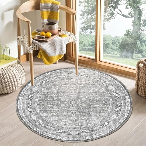 OPPODREAM Vintage Grey Area Rugs 4' Round, Washable Rug for Living Room by OPPODREAM