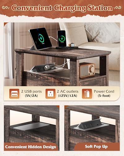 WLIVE Farmhouse End Table with Charging Station, Narrow Side Table with Storage, Small Nightstand with USB Ports and Outlets ，Bedside Cabine for Bedroom, Living Room,Brown - Image 4