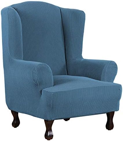H.VERSAILTEX Wing Chair Slipcover Chair Covers for Wingback Chairs Wingback Chair Covers Slipcovers 1 Piece Stretch Sofa Cover Furniture Protector Soft Spandex Jacquard Checked Pattern, Dusty Blue by HVERSAILTEX
