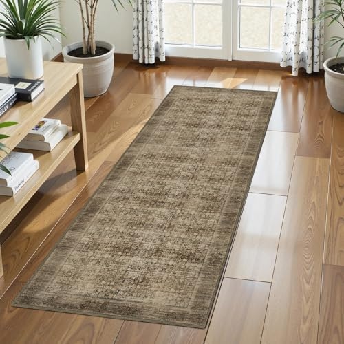 Washable Area Rug 2'6'' x 8' Vintage Traditional Persian Mat - Foldable Distressed Non-Slip Machine Washable Carpet for Living Room Bedroom Kitchen Home Decor - Mocha and Taupe by Unknown