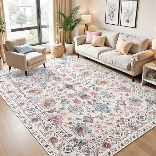 Hanples 6x9 Area Rugs for Living Room, Washable Rug Vintage Floral, Beige - Image 3