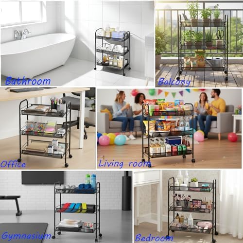 3 Tier Metal Rolling Storage Cart Movable, with Wheels, Hooks - Image 4