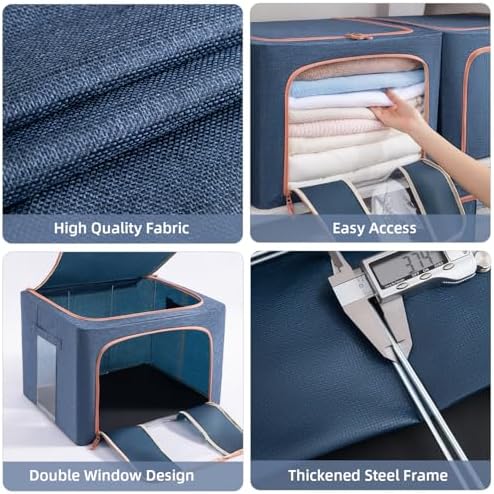 GuliPostan 3 Pack 24L Stackable Clothes Storage Bins with Metal Frame Handles & Zipper, Collapsible Closet Organizer Box with Lid for Bedding Blankets Towel (Navy) - Image 3