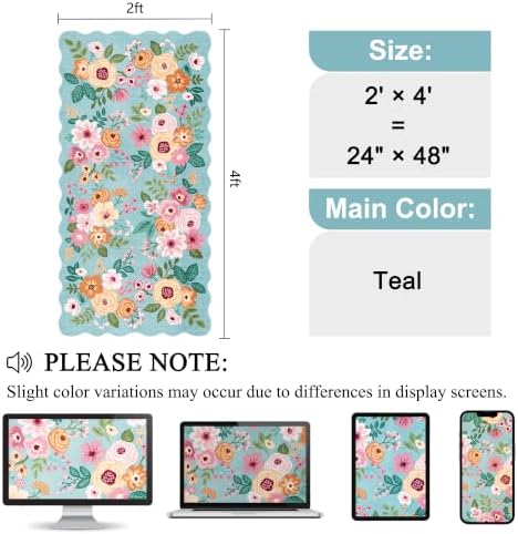 DUKINO 2x4 Rug for Entryway, Floral Washable Kitchen Rugs Non Slip, Teal - Image 2