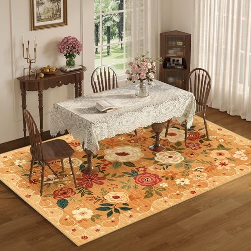 DUKINO 6x9 Area Rugs, Floral Washable Rug for Bedroom Non Slip, Orange - Image 4