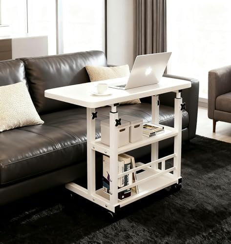 VebaCidi Medical Overbed Bedside Table with Two Shelves and Wheels (Hospital and Home Use), 31 1/2" Desk with Non Tilt Wooden Top, Adjustable Height (White) - Image 5