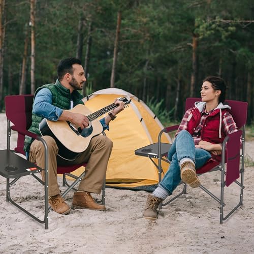 2 Pack Directors Chair 17.5" Seat Height, Bar Height Folding Chair with Side Table, Foldable Camping Chair with Side Pocket for Makeup Artist, Sports Event, Supports 400LBS - Red - Image 2