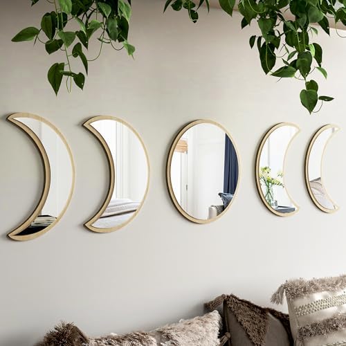 10.4" Raw Acrylic Moon Phase Wall Mirror Set - 5-Piece Boho Celestial Decor for Living Room Bedroom Entryway, Easy Stick-On Installation, Shatterproof Safety Design by HMANGE