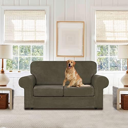 WEERRW Velvet Stretch 3 Pieces Couch Cover for Sofa Washable, Light Brown - Image 2