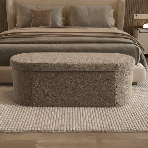 GLAXYFUR Oval Ottoman with Storage for Living Room, Sherpa Bench, Brown - Image 4