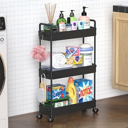 SOLEJAZZ Slim Rolling Storage Cart Skinny Bathroom Organizer, 3 Tier, Black by SOLEJAZZ