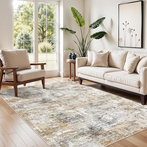 4x8 Washable Area Rug – Non-Slip Rubber Backed Indoor Rug for Entryway, Kitchen, Hallway | Modern Abstract Neutral Low Pile Thin Floor Mat for Bedroom, Living Room, Office (Gold Grey) - Image 4