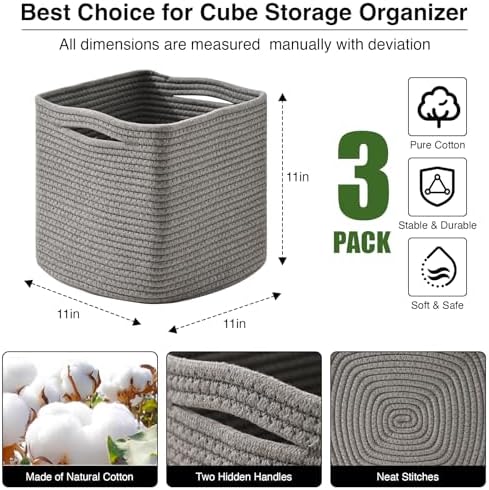 ICERZCZ 11 Inch Cube Storage Bins, Storage Cube Organizer Bins, Woven Cotton Rope Basket for Storage, Storage Baskets for Organizing Shelves, Grey Baskets for Toys Nursery, Grey (Pack of 3) - Image 3