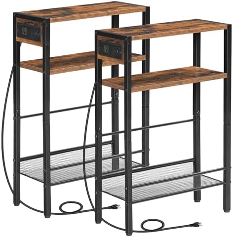 HOOBRO Small Narrow Side Table with Charging Station Set of 2, Skinny End Table for Small Spaces, Slim Nightstand with USB Ports Outlet, Sofa Beside Table with Storage Shelf BF102UBZP201 by HOOBRO