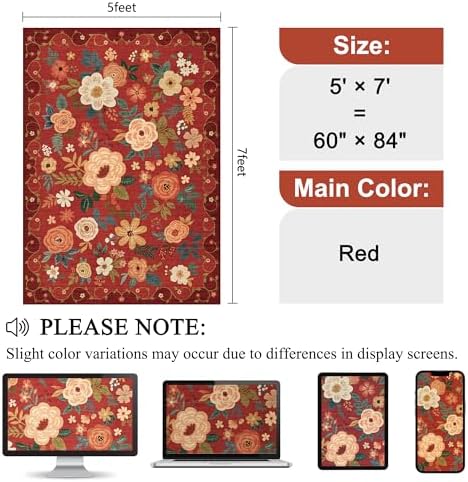 DUKINO 5x7 Area Rugs, Floral Washable Rug for Living Room Non Slip, Red - Image 2