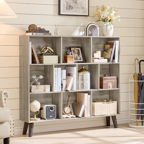 LEYAOYAO 10 Cube Bookshelf,Mid-Century Modern Bookcase with Legs,Retro Grey - Image 3