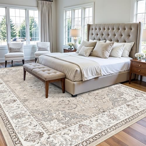 Washable Large 9x12 Area Rug - Living Room Oriental Non Slip Soft Rugs Indoor Low Pile Stain Resistant Carpet for Bedroom Dining Room Farmhouse Distressed Thin Home Decor Floor Mat (9x12 Beige) - Image 2