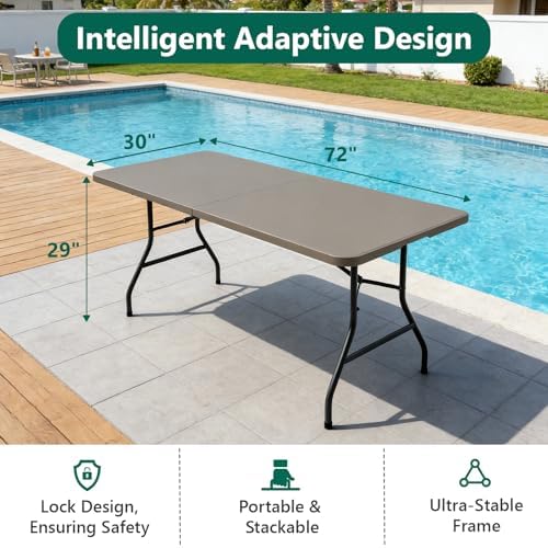 Folding Table 6FT Heavy Duty Plastic Table with Handle, Foldable&Portable, Fold-in-Half Utility Tables for Outdoor, Dining, Wedding, Events, Indoor, Picnic, Camping, Party,Khaki - Image 5