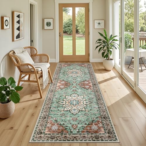 Hallway Runner Rug: 2.6x8 Kitchen Rugs for Living Room Brown Green - Image 5