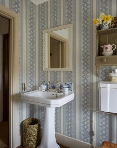 Blue Stripe Peel and Stick Wallpaper- Vintage Geometric Diamond Removable Self Adhesive Wallpaper Neutral Light Blue Wall Decor for Bathroom Powder Room Bedroom Farmhouse Cottage 17.3"x118" - Image 2