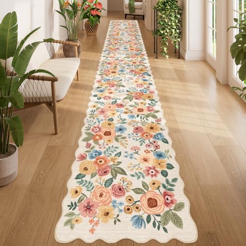 DUKINO 2x14 Hallway Runner Rug, Floral Washable Kitchen Rug, Beige Yellow by DUKINO