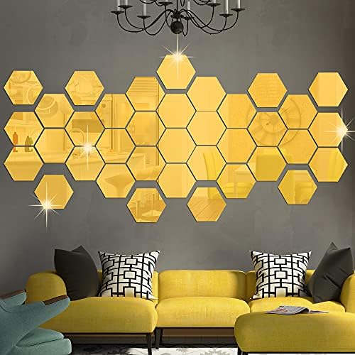 RW-103 36 Pcs Acrylic Hexagon Mirror Decals DIY Removable 3D Geometric Mirror Art Setting Wall Decor for Bedroom, Living Room, Office, Kitchen & Home (Gold) by RAINBOWWSK