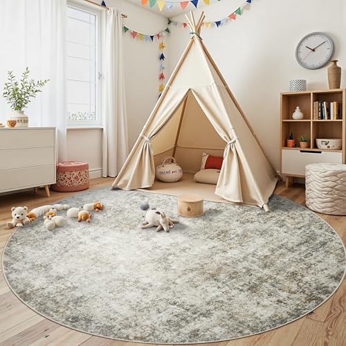 Aelenmu Round Rug 8ft Washable Rug for Dining Room Living Room Beige Brown - Image 4