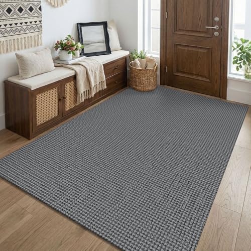 KOZYFLY Washable 4x5 Entry Woven Area Rug, Braided Throw Rugs for Entryway, Non Slip Door Mat Indoor Entrance, Flatweave Carpet for Foyer, Bedroom, Dining, Office, Grey/Dark Grey by KOZYFLY
