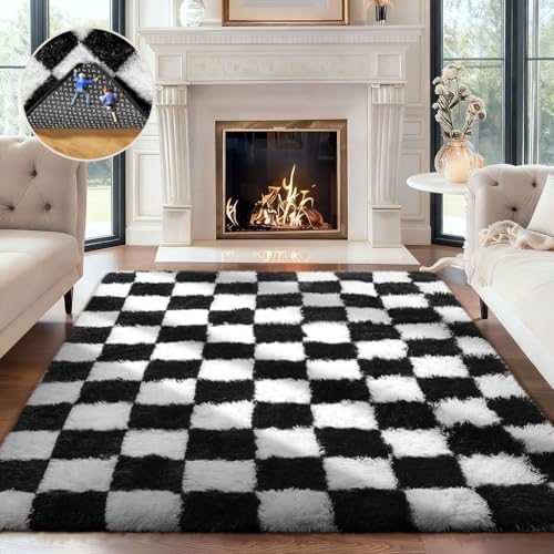 Ophanie Checkered Black & White Rug for Living Room Bedroom,Fluffy Soft Cute Fuzzy Area Rugs,Shag Plush Shaggy Bedside Floor 4x6 Furry Carpet Kids Baby Teen Dorm Decor with Over 99 pcs Pile fibers by Ophanie