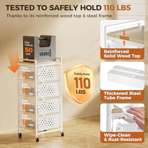 5 Tier Kitchen Storage Cart with Wheels, Utility Fruit Vegetable Storage Rack Stand with Pull-Out Baskets & Wood Top, Metal 4-Drawers Rolling Snack Cart, Kitchen Cart for Potato Onion(White) - Image 2