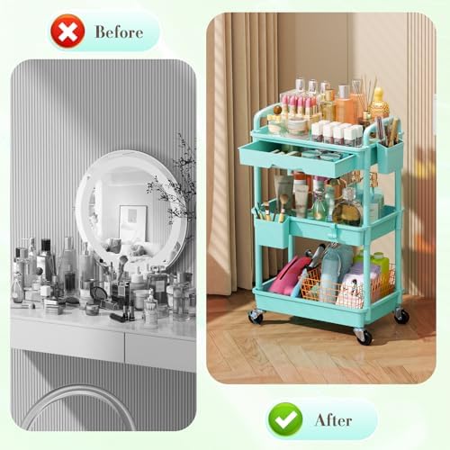SUNALLY Makeup Cart Organizer with Drawer, 3 Tier Rolling Makeup Cart, Blue - Image 5